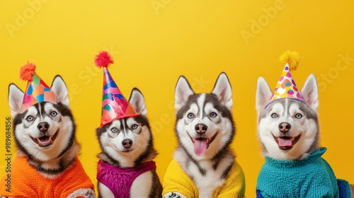 Playful Husky Puppies in Colorful Outfits for Fun and Festive Concepts