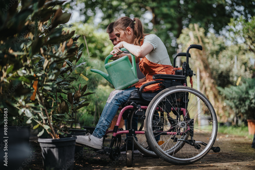 A male with Down syndrome and a female in a wheelchair engage in gardening, surrounded by thriving plants, highlighting inclusivity and nature appreciation. A male with Down syndrome and a female in a wheelchair engage in gardening, surrounded by thriving plants, highlighting inclusivity and nature appreciation.