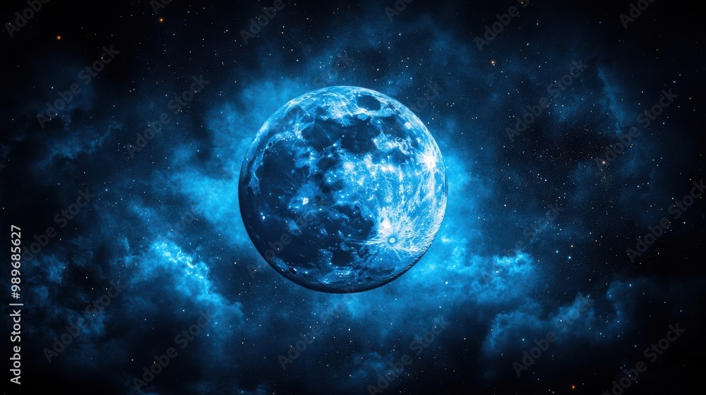 Obraz premium A celestial sphere, a moon in a cosmic dance, bathed in a luminescent blue hue, surrounded by nebulae and a tapestry of twinkling stars