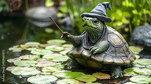 In a serene pond setting, a wizard-costumed turtle with a small wand explores the water, evoking the image of a slow-moving magical creature in a whimsical environment  photo