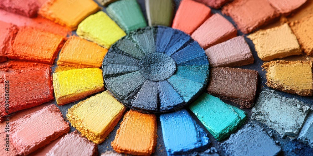 Fototapeta premium A circular arrangement of colorful eyeshadows, showcasing a spectrum of hues from warm reds to cool blues, creating a vibrant and artistic palette for makeup artistry