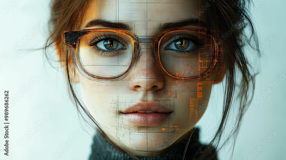 Close-up of a woman with glasses and digital circuitry patterns overlaid on her face, symbolizing technology, innovation, and modern aesthetics. Close-up of a woman with glasses and digital circuitry patterns overlaid on her face, symbolizing technology, innovation, and modern aesthetics.