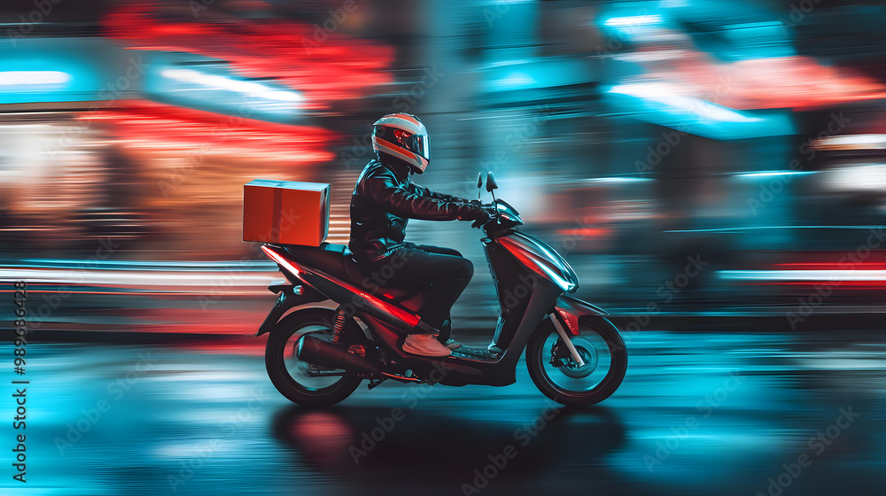 Express Delivery Rider on Scooter in Vibrant Neon City Night Scene Express Delivery Rider on Scooter in Vibrant Neon City Night Scene