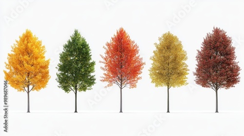 Six Quercus rubra trees displaying vibrant autumn colors on a white background ranging from green to deep red