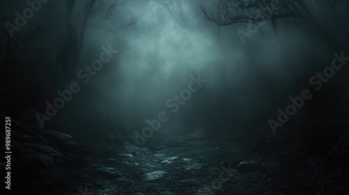 A dark forest with a foggy mist and a path through it