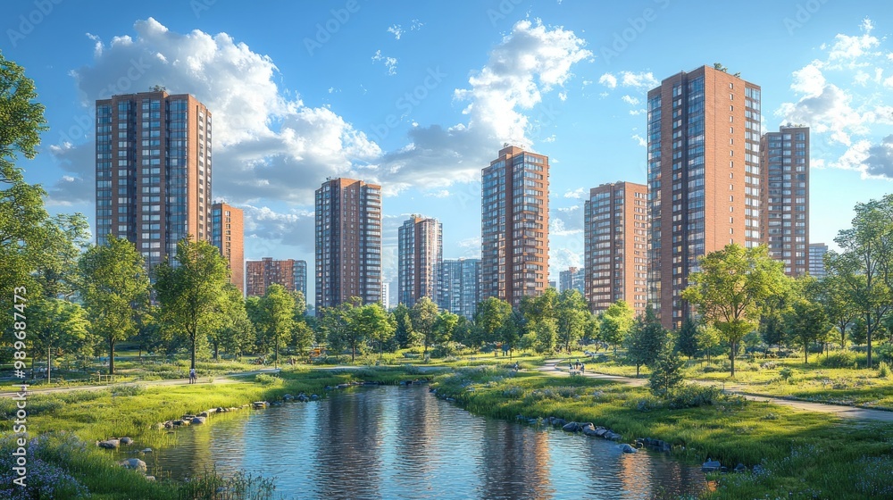 Fototapeta premium Urban landscape with modern buildings and greenery by a river.