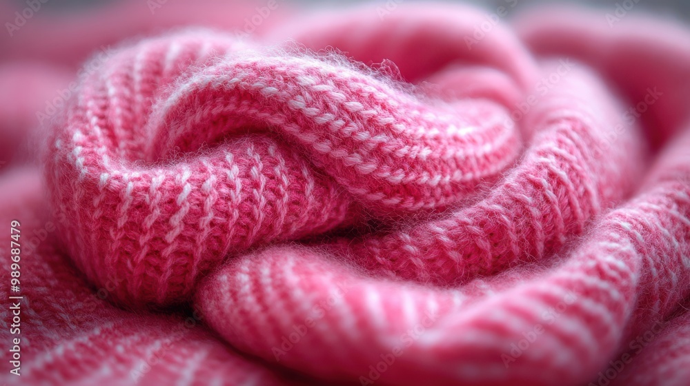A close-up view of a soft, pink knitted fabric with a delicate white stripe pattern, showcasing the intricate texture and warmth of the material A close-up view of a soft, pink knitted fabric with a delicate white stripe pattern, showcasing the intricate texture and warmth of the material