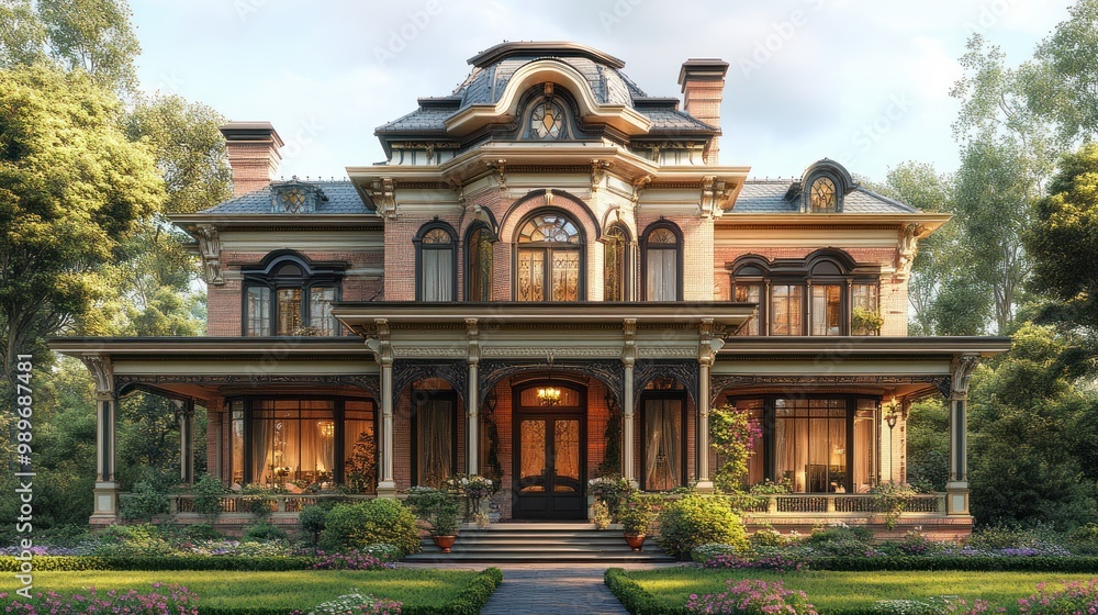 Elegant Victorian-style mansion surrounded by lush greenery. Elegant Victorian-style mansion surrounded by lush greenery.