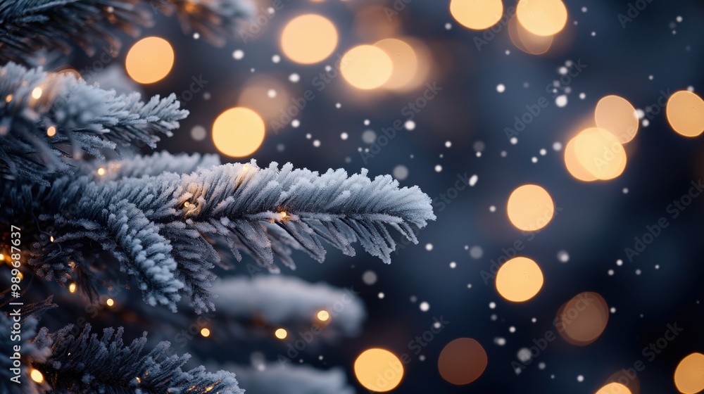 Naklejka premium Frosted Pine Tree Branches with Warm Bokeh Lights and Falling Snowflakes in a Winter Scene