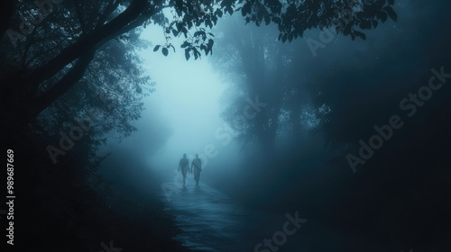 A couple walking in the woods at night
