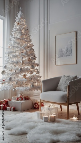 Cozy living room with Christmas tree and gifts, featuring white furniture and hardwood floor