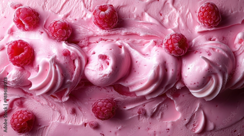 A Close-Up View of Creamy Pink Ice Cream with Sweet Red Raspberries Sprinkled Throughout A Close-Up View of Creamy Pink Ice Cream with Sweet Red Raspberries Sprinkled Throughout