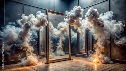 An abstract effect resembling smoke intertwined with mirror reflections