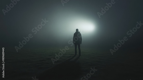A man stands in a field of grass in the dark