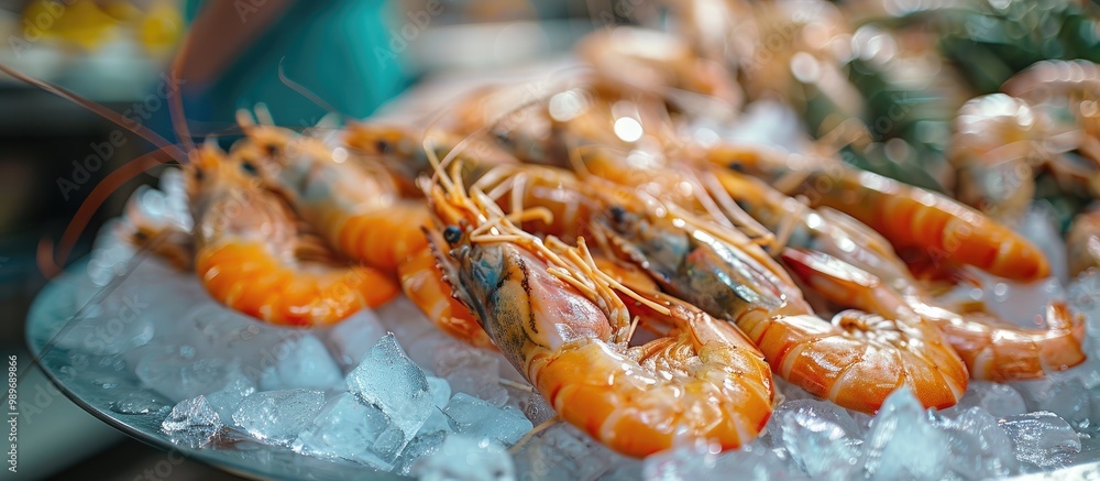 Shrimp On Ice On The Counter Of The Asian Street Market Freshly Caught Shrimps Or Longirostris On The Counter With Ice At The Fish Shop Shrimp On Ice On The Counter Of The Asian Street Market Freshly Caught Shrimps Or Longirostris On The Counter With Ice At The Fish Shop