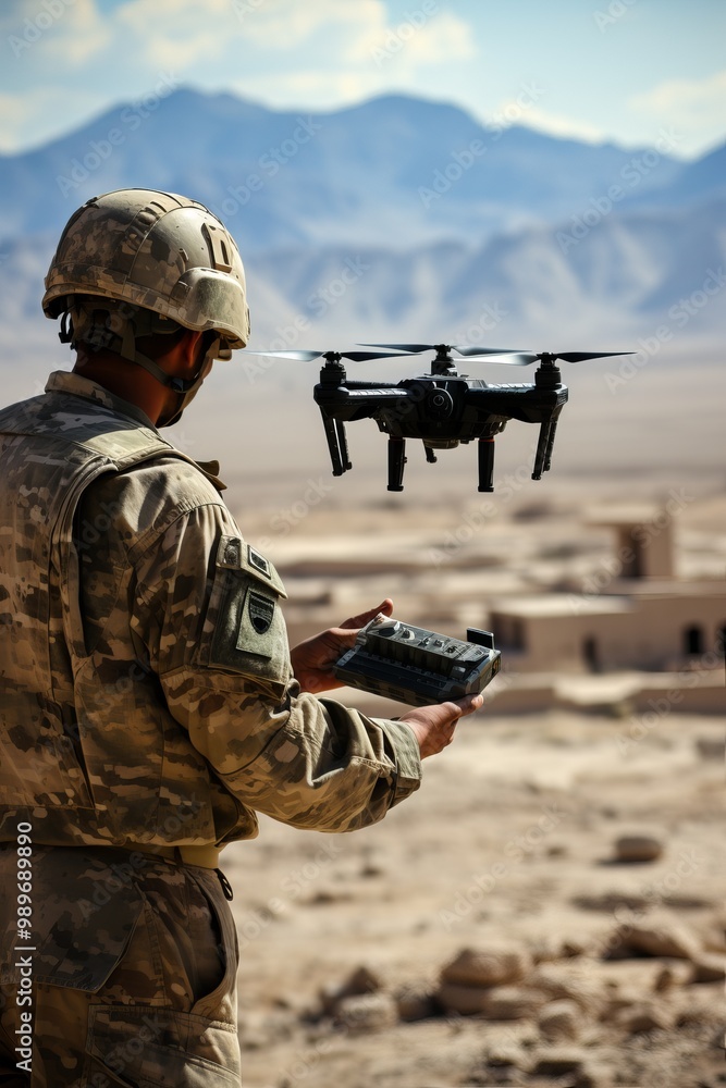 Fototapeta premium Soldier operates a drone for reconnaissance in a mountainous desert landscape