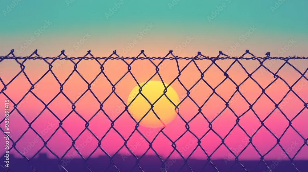 Tranquil Sunset Minimalist Chain-Linked Fence Silhouette on Pastel Background Tranquil Sunset Minimalist Chain-Linked Fence Silhouette on Pastel Background