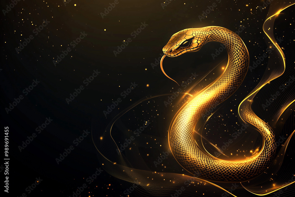 Golden glitter snake on dark background, fantasy illustration with glowing sparkles Golden glitter snake on dark background, fantasy illustration with glowing sparkles