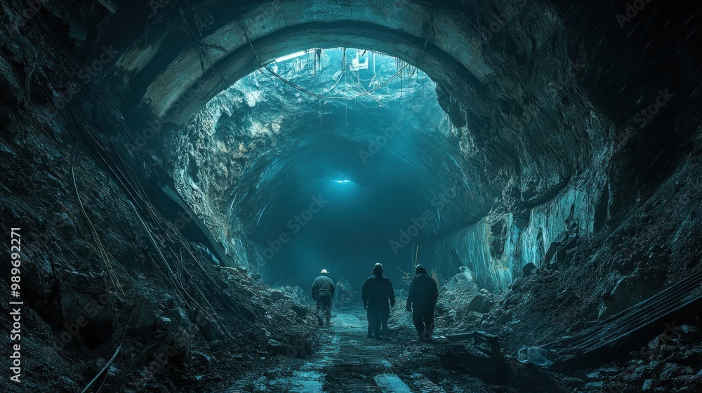 Workers Walking Through a Tunnel Workers Walking Through a Tunnel
