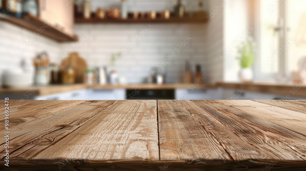 Empty wooden table top with blurred kitchen interior background for product display montage Empty wooden table top with blurred kitchen interior background for product display montage