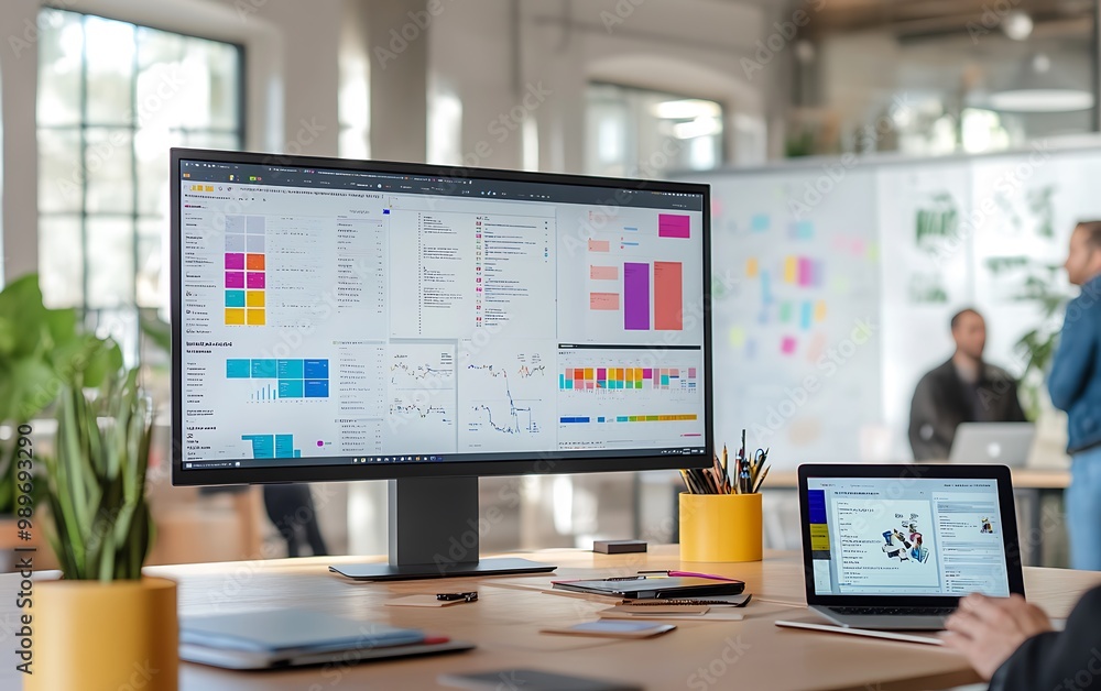 Busy Conference Room with Digital Kanban Board on Large Monitor