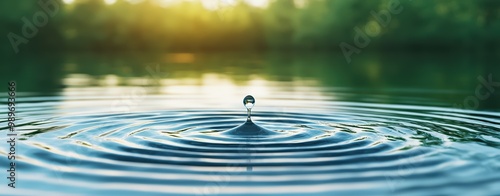 A single drop of water creating ripples in a calm pond, symbolizing small actions leading to large impacts in business, with soft natural light filtering through trees photo