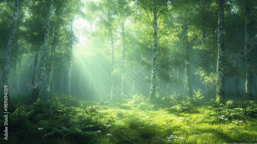 Serene forest with sunlight filtering through trees and ferns.