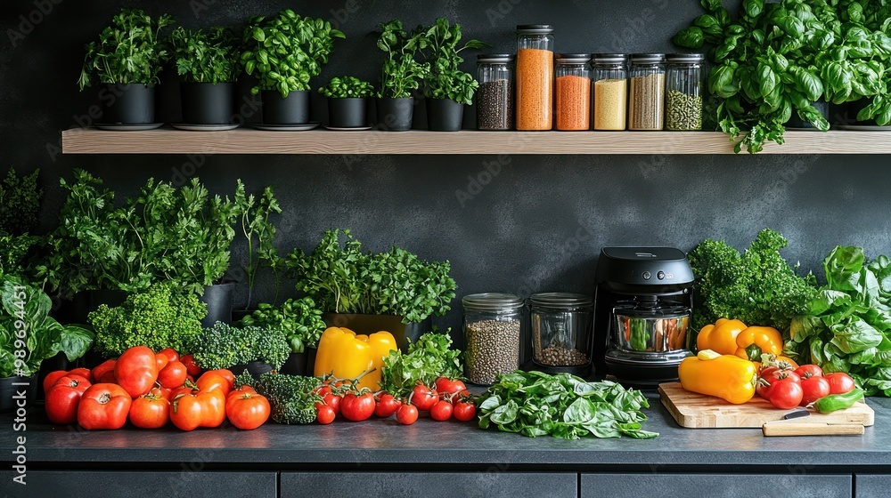 Kitchen Countertop with Fresh Produce and Spices Kitchen Countertop with Fresh Produce and Spices