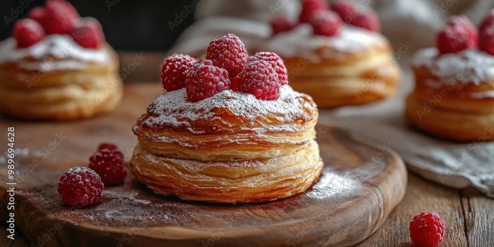 Handmade desserts with fresh berries and powdered sugar Handmade desserts with fresh berries and powdered sugar