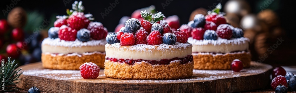 Handmade desserts with fresh berries and powdered sugar Handmade desserts with fresh berries and powdered sugar