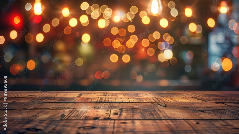 Wooden table top with blurred background of bar or club interior at night Wooden table top with blurred background of bar or club interior at night
