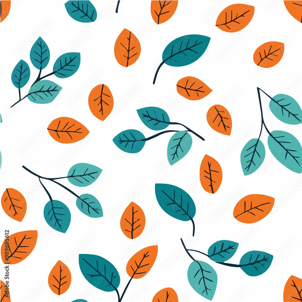 A flat vector pattern of simple cartoon-style leaves in teal and orange. Perfect for backgrounds, stationery, and playful designs. A flat vector pattern of simple cartoon-style leaves in teal and orange. Perfect for backgrounds, stationery, and playful designs.