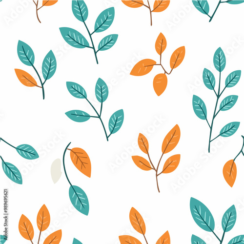 A simple flat vector pattern with teal and orange leaves on a white background. Ideal for fabrics, stationery, or modern decor.