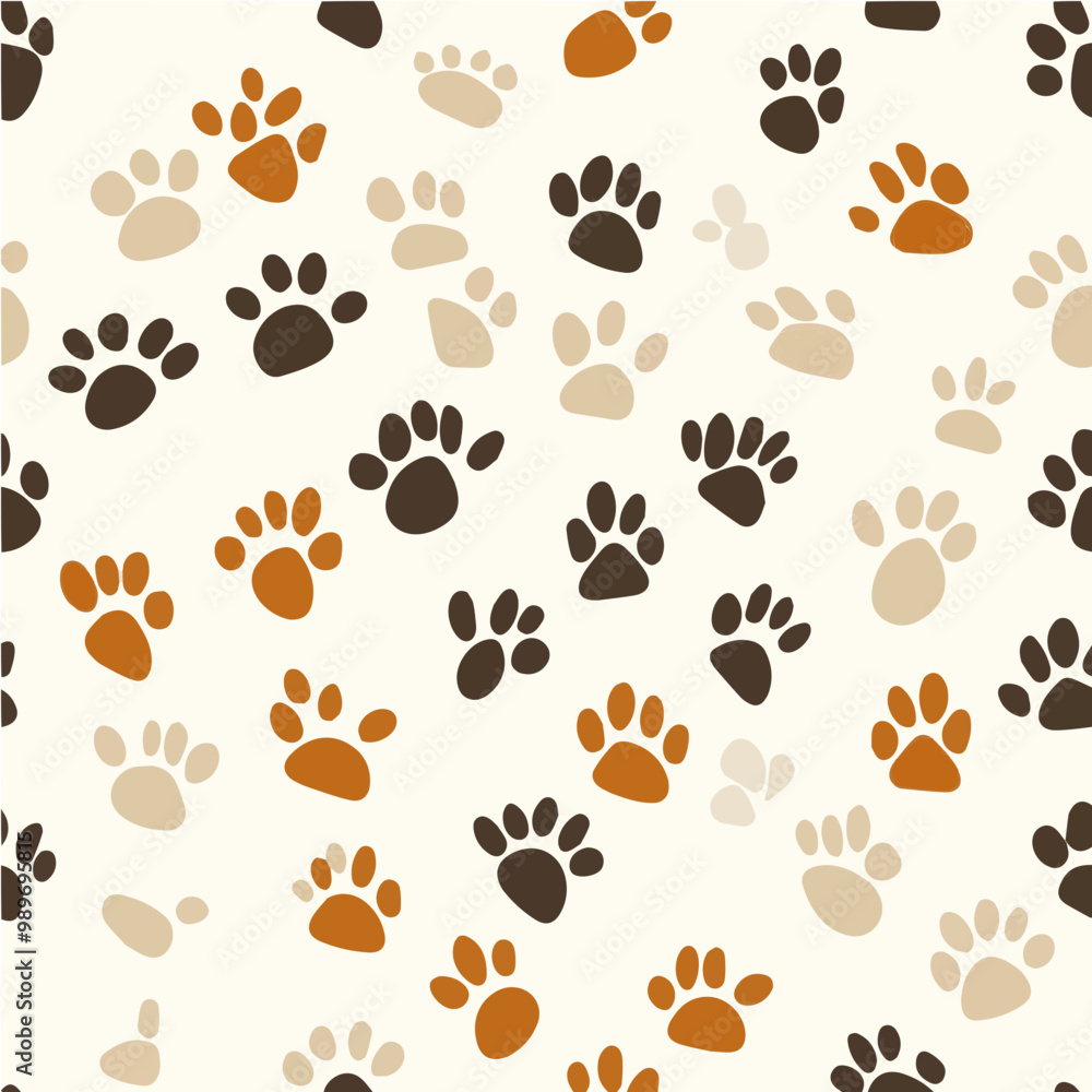 A seamless vector pattern of brown, black, and orange paw prints, ideal for pet-related designs and playful illustrations. A seamless vector pattern of brown, black, and orange paw prints, ideal for pet-related designs and playful illustrations.