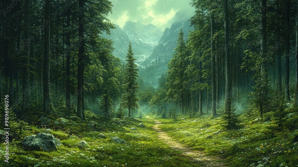 Lush forest path leading to mountains under a serene sky. Lush forest path leading to mountains under a serene sky.