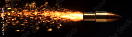 The bullet hurtles through the air at incredible speed, leaving behind a bright trail of fire photo