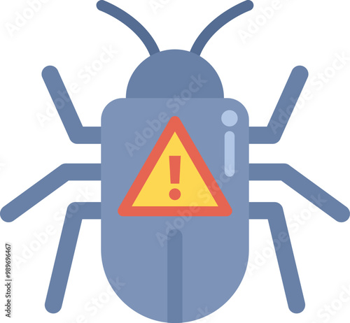 Stylized computer bug is showing a warning sign on a screen, a possible security breach