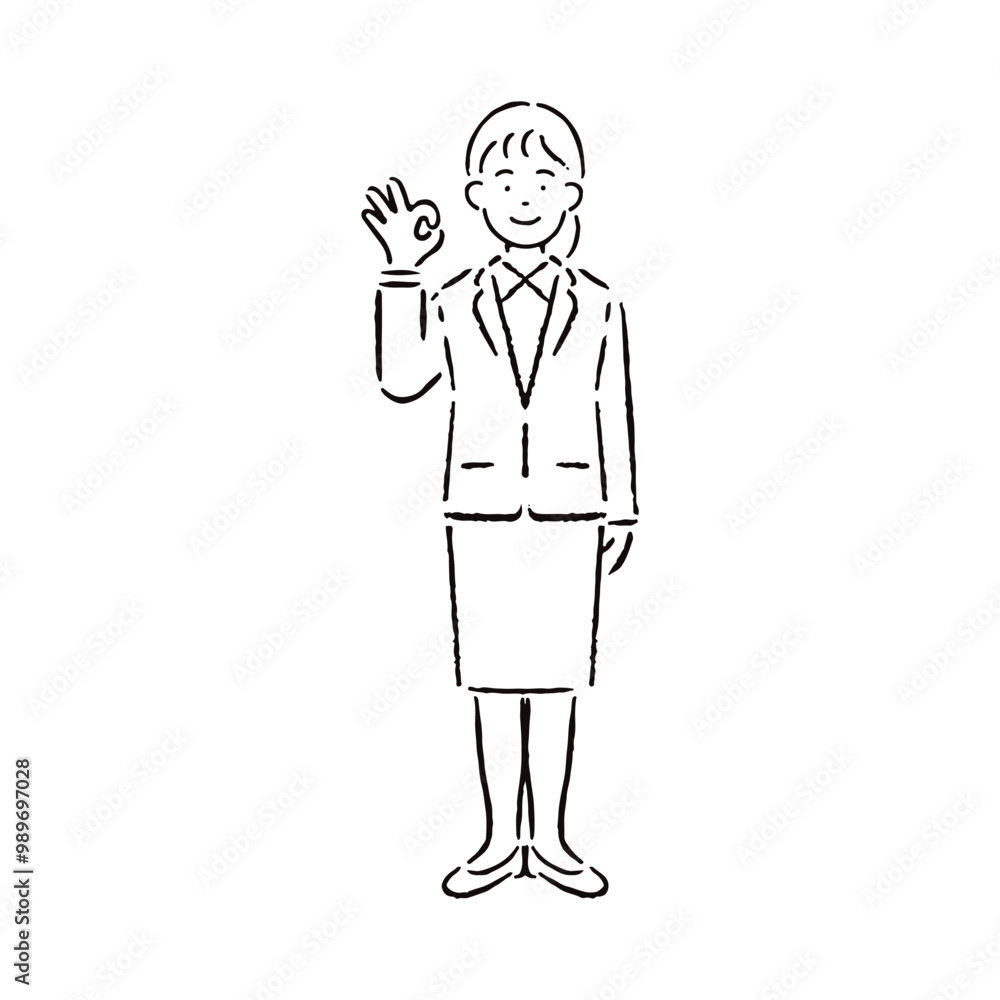OKのサインをするスーツを着た女性_白黒 OKのサインをするスーツを着た女性_白黒