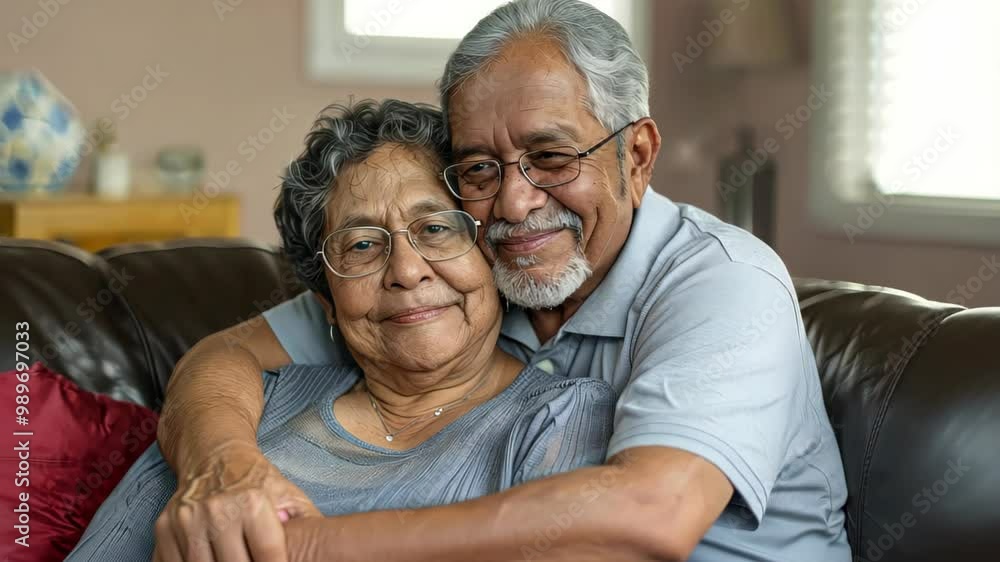 A heartwarming scene of an elderly couple sharing a joyful embrace on a cozy couch. Their smiles and affectionate demeanor highlight love and companionship, perfect for family-oriented content. A heartwarming scene of an elderly couple sharing a joyful embrace on a cozy couch. Their smiles and affectionate demeanor highlight love and companionship, perfect for family-oriented content.