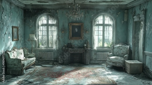 Abandoned room with peeling walls and vintage furniture.