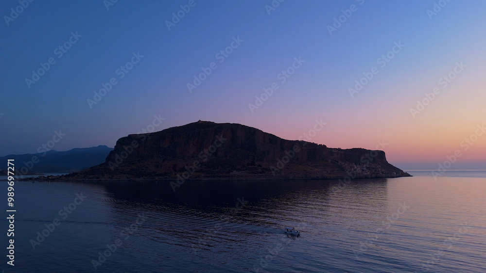 greece peloponnese historical peninsula monemvasia aerial view with sunrise and sunset lights greece peloponnese historical peninsula monemvasia aerial view with sunrise and sunset lights