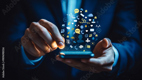 A businessman uses a smartphone from which digital icons burst out, illustrating the expansive influence of social media and online communication in today's digital landscape.