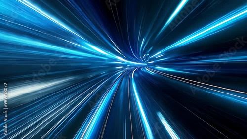 abstract dynamic blue and white light streaks against a dark backdrop, symbolizing speed and innovation. Ideal for tech projects and multimedia presentations.