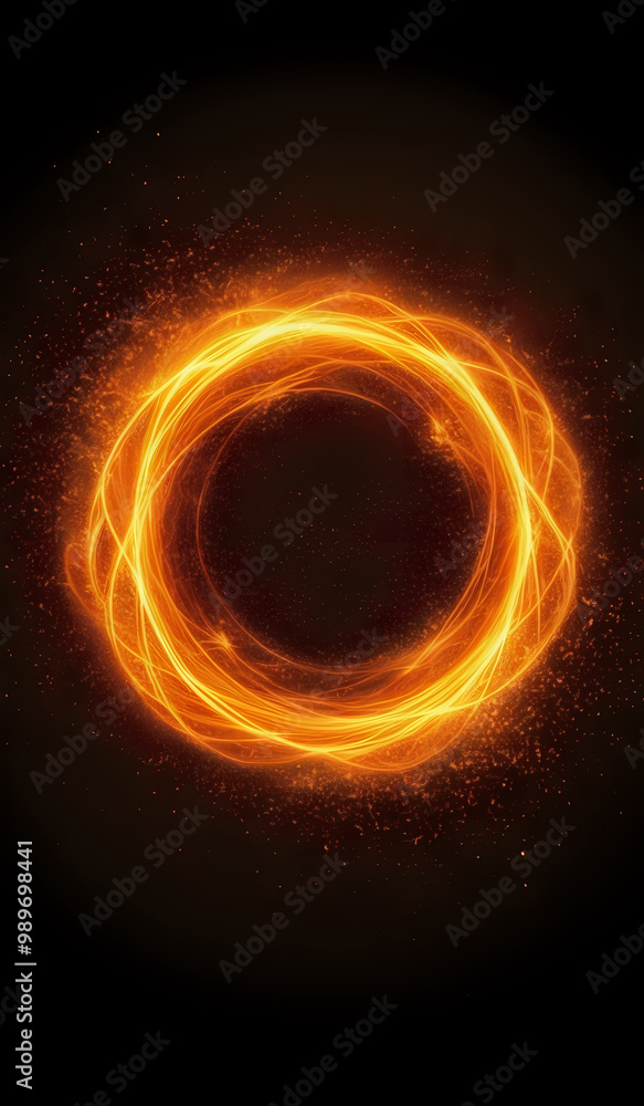 A ring of orange neon energy waves on a dark background with magical sparks A ring of orange neon energy waves on a dark background with magical sparks