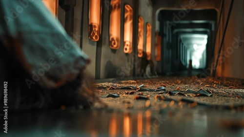 
A body bag lies abandoned in a dimly lit hallway with scattered debris, evoking a chilling and eerie atmosphere, hinting at a dark mystery or unsettling scene. photo