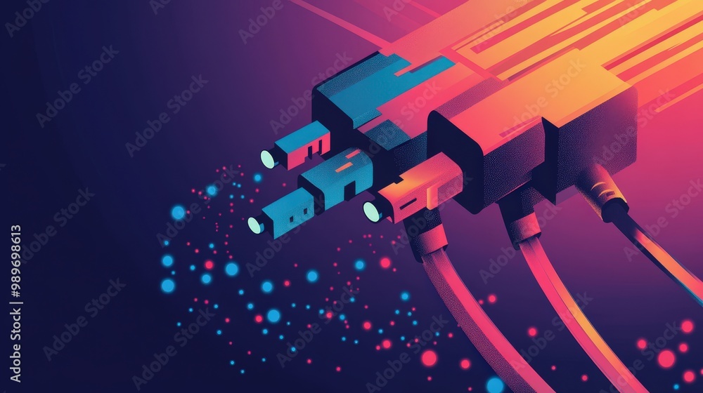 Fototapeta premium Seamless Connectivity Concept with Optic Ports and Network Cables in Minimalist Vector Illustration