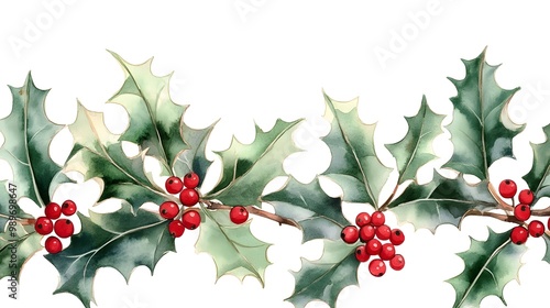 Watercolor Christmas seamless pattern with holly berries 