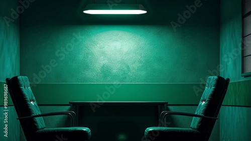 A minimalistic interrogation room features a green palette with modern armchairs facing a sleek table under a single light. Soft shadows and muted natural light create suspenseful intrigue.
