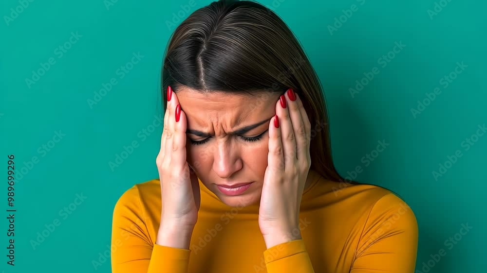 A young woman with long, straight hair holds her head in distress, wearing a vibrant yellow top against a teal background. A young woman with long, straight hair holds her head in distress, wearing a vibrant yellow top against a teal background.