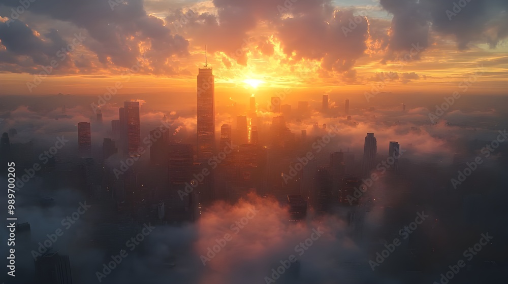 Sun rising over foggy city skyline creating stunning morning images Sun rising over foggy city skyline creating stunning morning images